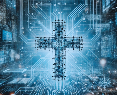 A glowing, circuit-like cross stands at the center of a futuristic digital landscape filled with intricate blue circuitry and technology-inspired patterns. The cross appears to be made of interconnected electronic components, symbolizing the intersection of faith and technology. The background is illuminated with a cybernetic glow, evoking a sense of spirituality in a high-tech world.