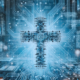 A glowing, circuit-like cross stands at the center of a futuristic digital landscape filled with intricate blue circuitry and technology-inspired patterns. The cross appears to be made of interconnected electronic components, symbolizing the intersection of faith and technology. The background is illuminated with a cybernetic glow, evoking a sense of spirituality in a high-tech world.