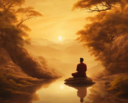 A man dressed in a robe sits cross-legged on a rock in the middle of a calm lake, meditating as the golden sunset casts a warm glow over the landscape. The scene is surrounded by lush trees and rolling hills, with misty mountains fading into the distance. The reflection of the sky and the trees in the water adds to the serene and spiritual atmosphere.