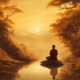 A man dressed in a robe sits cross-legged on a rock in the middle of a calm lake, meditating as the golden sunset casts a warm glow over the landscape. The scene is surrounded by lush trees and rolling hills, with misty mountains fading into the distance. The reflection of the sky and the trees in the water adds to the serene and spiritual atmosphere.