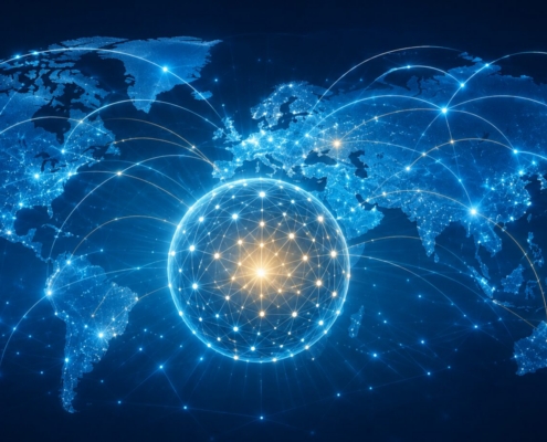 Illuminated world map with a glowing network of connections