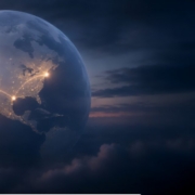 Earth seen from above the clouds with a glowing arc connecting two points
