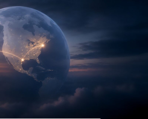 Earth seen from above the clouds with a glowing arc connecting two points